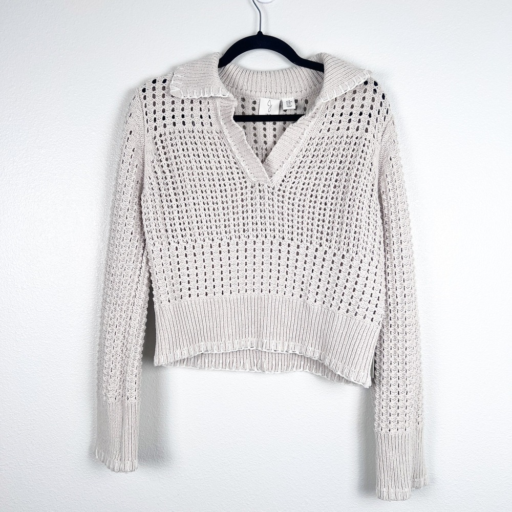 Joie Women Open Knit Collared Sweater Cream White Trim Pullover M NWT